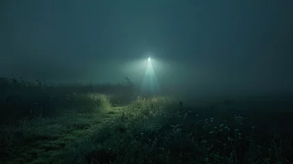 A UFO with a Beam of Light at Night