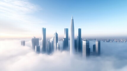 Fototapeta premium Skyscrapers rise dramatically above a sea of fog, showcasing modern architecture. The scene captures a tranquil morning where city life peaks through the clouds