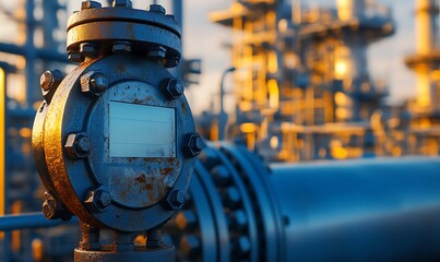 Obraz premium Industrial scene featuring a rusty valve and pipes in a refinery setting.