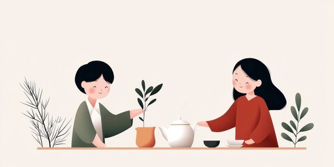 A joyful illustration of two people engaging in a tea ceremony, surrounded by plants and a serene atmosphere.
