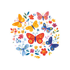 Vibrant butterfly and floral pattern with colorful flowers