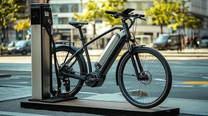 A black electric bike is plugged into a charging station in an urban setting.