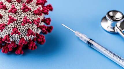 Coronavirus, Syringe and Stethoscope on Blue Background