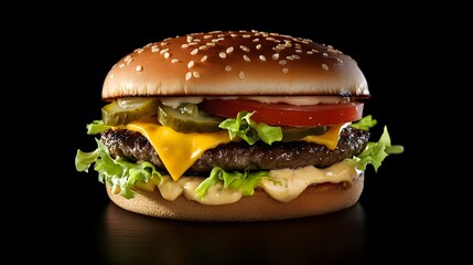 A juicy cheeseburger, topped with lettuce, tomato, pickles, and melted cheddar cheese.



