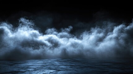 Obraz premium Ghostly Mist and Dark Surface: A Dramatic Scene of Fog Rolling Across a Shadowy Landscape, Evoking a Cold, Mysterious, and Haunting Atmosphere in a Minimalist Dark Space