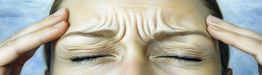 Fototapeta premium A close-up of a person pressing their temples, indicating stress or headache.