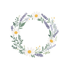 Fototapeta premium Daisy and Lavender Wreath Botanical Illustration in Soft Pastel Colors