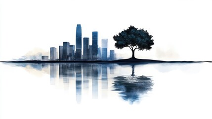 Fototapeta premium Serene Cityscape Modern Buildings Tree Water Reflection Blue Hues Peaceful Urban Nature