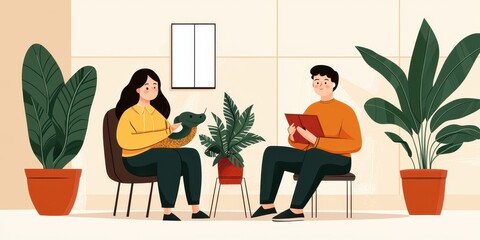 A cozy indoor scene with two people engaged in conversation, surrounded by various potted plants, showcasing a modern, welcoming atmosphere.