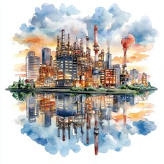 Fototapeta premium Industrial Cityscape Sunset Reflection Watercolor Painting