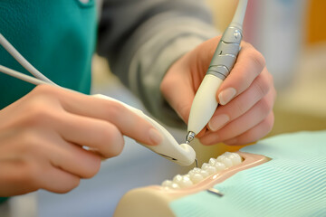 A technician shapes a dental model with advanced tools in a clinical setting