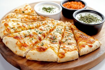 Pizza sliced into portions surrounded by dipping sauces and spices, served on a wooden board.