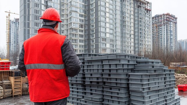 Construction Worker Overseeing Stacked Materials at Urban Site with High-Rise Buildings in the Background on a Cool Day