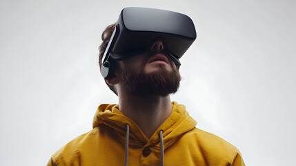 Fototapeta premium A Bearded Man in a Yellow Hoodie Immersively Experiences a Virtual Reality Headset, Exploring Digital Worlds with Awe and Wonder.