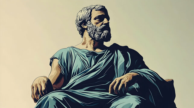 Illustrative Digital Art of a Seated Ancient Greek Philosopher, Contemplative Pose in Teal Robes against a Muted Background