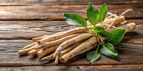 Aerial closeup of Ashwagandha roots and leaves on wooden surface