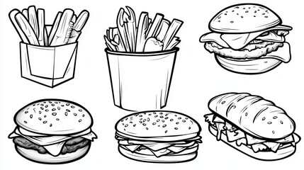 Fast Food Line Art Burgers Fries Sandwiches Graphic Design
