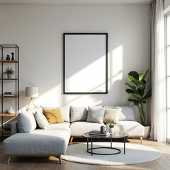 Fototapeta premium A 3D-rendered mockup of a blank poster frame on a white wall in a contemporary living room. The space features a simple, modern sectional sofa, a glass coffee table, and a few minimalist decor items. 