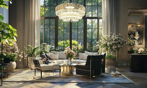 Modern chandelier in a floating home on a rocky outcrop, featuring aerodynamic design and a breathtaking view of a serene valley and distant mountains