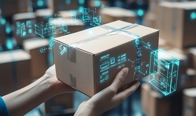 A person holding a box with holographic logistics data in a warehouse setting.