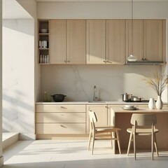 Fototapeta premium A modern, minimalist kitchen with light wood cabinets, a wooden dining table and chairs, and a simple backsplash. The space has a warm, natural feel with plenty of natural light