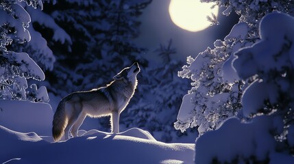 Naklejka premium A lone wolf howls at the moon in a snowy forest.