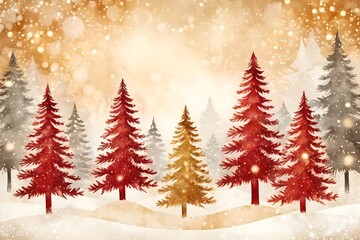 Obraz premium Vintage holiday background with glowing bokeh lights, watercolor Christmas trees, and snow.
