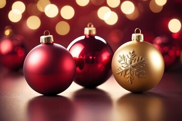 Obraz premium Christmas baubles in metallic gold and deep red, with blurred bokeh lights in the background, and a soft gradient glow, creating a luxurious holiday look.
