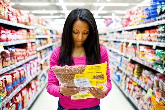 Woman reading food label in grocery store aisle
