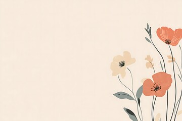 Delicate minimalist floral background with red and beige flowers on branches, nature concept
