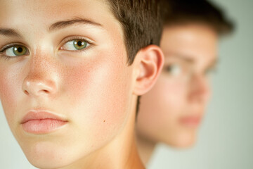 Obraz premium Close-up portrait of two young individuals with freckles and green eyes