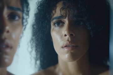 Pensive woman with curly hair reflecting in mirror