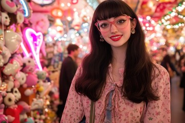 Joyful woman in vibrant market surrounded by colorful toys and neon lights