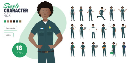 Simple flat female paramedic first responder vector character in a set of multiple poses. Easy to edit and isolated on a white background. Modern trendy style character mega pack with lots of poses.	