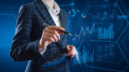 A professional analyzing various financial graphs and charts on a virtual interface
