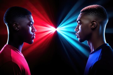 Intense standoff between two men illuminated by red and blue lights