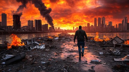 Post Apocalyptic Cityscape Man Walking Through Ruins at Sunset