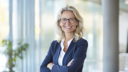 Fototapeta premium A self-assured woman with glasses stands in a contemporary office, smiling brightly as she crosses her arms. The bright space features large windows and lush greenery
