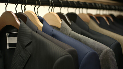 Fototapeta premium A Stylish Array of Business Suits Hanging Neatly on a Rack Showcasing Variety in Colors and Textures for Fashion and Professionalism