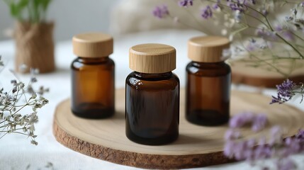 Three amber glass bottles with bamboo lids on a wooden slice, surrounded by sprigs of purple flowers.