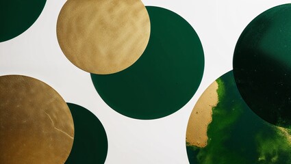Gold and green circular decorative elements on white background, modern design, copy space