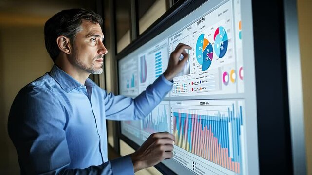 Data Driven Decisions: A businessman examines and interacts with large, dynamic data visualizations on a digital display, showcasing the power of data analysis and insights in modern business. 