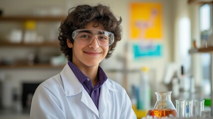 Middle eastern teen boy in science lab wearing protective gear