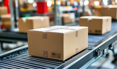 A cardboard box on a conveyor belt in a warehouse, ready for shipping.