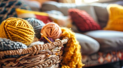 A cozy knitting circle with yarn baskets and knitting needles, Knitting supplies and comfortable seating arranged in a circle, Homely craft style