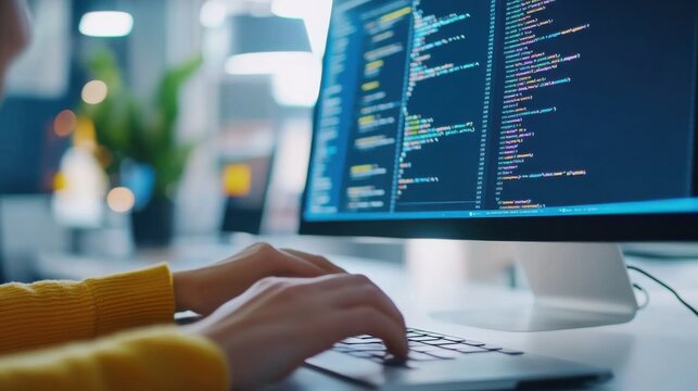 In a contemporary office, a programmer is focused on coding with colorful text displayed on a computer screen, showcasing lines of code and digital creativity