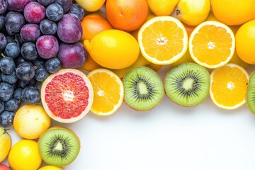 A colorful arrangement of various fruits including grapes, lemons, oranges, and kiwis.