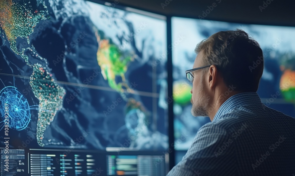 Poster data analysis with advanced technology, man observing global maps and data visualizations on multipl