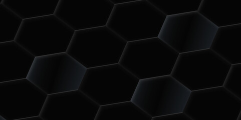 Dark black color embossed hexagon background, Luxury wallpaper Illustration, Futuristic  3d abstract honeycomb mosaic black background, Modern trendy dark black and shadow.