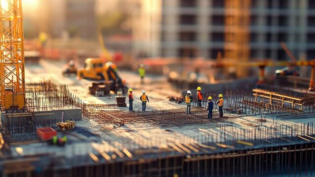 Construction Site Miniature: A captivating miniature diorama of a bustling construction site at sunset, showcasing miniature workers, heavy machinery.